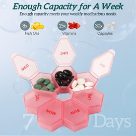 Zuiaso 7-Day Weekly Pill Organizer and Daily Vitamin Case - Pill Box for Medication Management (Pinkish-red)