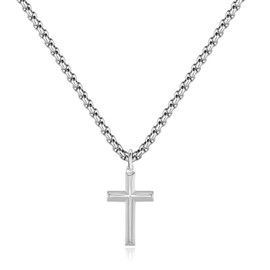 REVEMCN Black Gold Silver Cross Necklace for Boys Stainless Steel Mens Cross Pendant Chain Necklace for Men Women Religious Jewelry Gifts for Boys Girls Chain 16-24 Inches (18 inches, Silver - 0.8'' × 0.5'' beveled cross pendant)