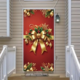 Saoplasa Christmas Door Cover Red Gold Bow Banner 71 x 35 Inch Wrap Backdrop with Ornaments Holly Leaves and Snowflakes for Christmas Party Wall Hanging Front Door Winter Decoration