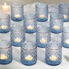 12Pcs Large Votive Candle Holders Blue Tea Light Candle Holders Glass Candle Holder for Wedding, Bridal Shower, Table Centerpiece, Party, Home Decor