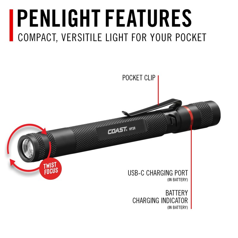 COAST HP3R 500 Lumen Rechargeable LED Penlight with TWIST FOCUS,
