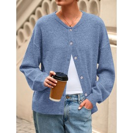 PRETTYGARDEN Fall Long Sleeve Cardigans for Women Trendy 2026 Lightweight Button Down Crewneck Loose Knit Sweater Clothes (Blue,Medium)