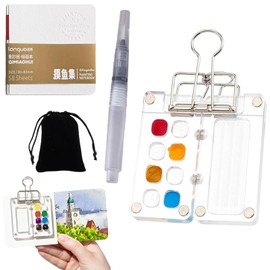 5Pcs 8 Grid Acrylic Mini Watercolour Paint Set Travel, Pocket Artist Watercolour Travel Set for Outdoors Sketching, Mini Paint Palette Set with Palette & Sketchbook & Clip, Pen and Pouch, No pigments