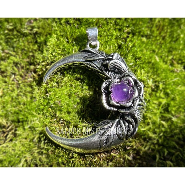 Crescent Moon & Rose Pendant w Amethyst Serenity Healing Harmony