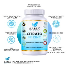 Citrato Zinc 120 Cáps Saisa Herbal Suplemento Alimenticio Alta Biodisponibilidad Apoyo Inmunológico Cuidado Piel