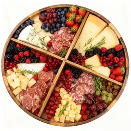 Utoplike Extra Large Acacia Wood Serving Tray, 23.6'' Round Charcuterie board, Cheese board with Rotating Base Raised Edge and Removable Dividers for Food, Snacks, Party, Dining