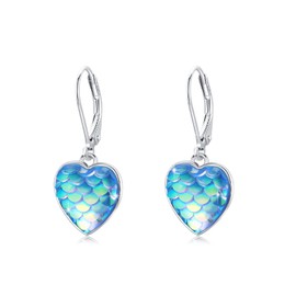 Heart Earrings Hanging 925 Sterling Silver Mermaid Stud Earrings Heart Leverback Earrings Hook Earrings for Girls Women Children, Sterling Silver