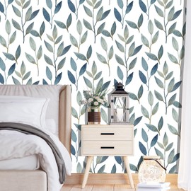 Wookmmy Blue and Gold Leaf Peel and Stick Wallpaper Waterproof Removable Self Adhesive Vinyl Contact Paper for Walls Boho Modern Decor for Bathroom Bedroom or Living Room 17.7" x 70.8"