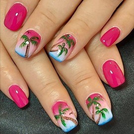 24 Pcs Extra Short Press On Nails Square,YEFIUO Summer Fake Nails Press ons Nail Art Tip Acrylic Nail Kit Glue on Nails Full Cover False Nail with Red Blue Coconut Tree Glossy Design for Ma'am