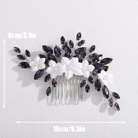 Rumtock Purple Rhinestones Beads White Flower Silver Hair Piece for Women Wedding Bridal Petal Hair Comb Side Headpiece Jewelry (Purple)