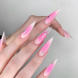 MISUD Press on Nails Long Stiletto Fake Nails Glossy Glue on Nails Pink Ombre Acrylic Nail Supplies Almond Artificial Nail Art Silver Chrome Star Stick on False Nails with Design DIY 24 pcs