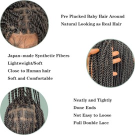 Voloria Braided Twist Wigs for Black Women Full Double Lace Square Knotless Box Braid Wig Pre Plucked with Baby Hair Japan-made Lightweight Premium Synthetic Hand Braiding Hair Wigs Cornrow Braids 36inches 1B Black Color