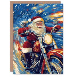Artery8 Biker Santa Claus on Motorcycle Fun Bold Blank For Him Or Her Art Xmas Festive Christmas Card