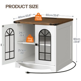 HOOBRO Farmhouse End Table, 23.6" Large Square Side Tables with Charging Station and LED Lights, Large End Table for Living Room, Wooden Nightstand with Glass Barn Door, White and Walnut WH604UDBZ01