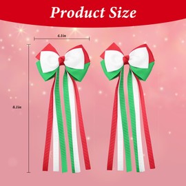 2pcs Christmas Bow Hair Clips with Long Tails, Red Green White Hair Bows Tassel Christmas Hair Ribbon Hair Barrettes, Holiday Christmas Hair Accessories for Women Girls