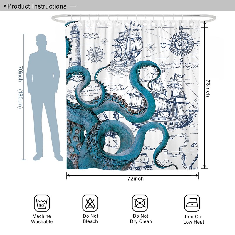 DESIHOM Blue Nautical Octopus Tall Shower Curtain Set, Funny Ocean