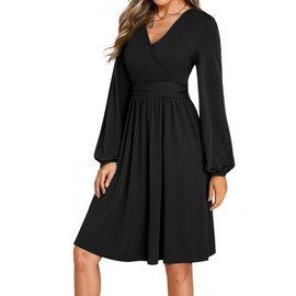 Dokotoo Womens Fall Dresses 2025 Wrap V-Neck Long Sleeve Empire Waist Pockets Casual Elegant Flowy Wedding Guest Little Black Dress Large