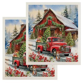 Briarwood Lane Country Christmas Swedish Dishcloth (2-Pack) 7.5x6.75 Bundle for Kitchen - Eco Friendly Reusable Paper Towels - Dish Cloths for Washing Dishes