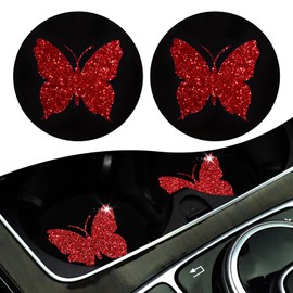 UGSHY 2 PCS Bling Car Beautiful Butterfly Water Coaster, 2.75" Round Rhinestone Dreamy Cup Holder Decoration, Non-Slip Insulated Beverage Coffee Coaster, Universal for Car Accessory (Red & Black)