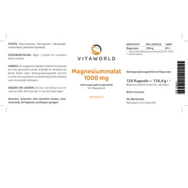 vitaworld Magnesium Malate 1000 mg, 100% Pure Magnesium Malate, 300 mg Pure Magnesium per 2 Capsules, Vegan, 120 Capsules