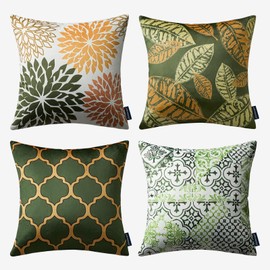 Phantoscope Set of 4 New Living Series Leaf Geometric Throw Decorative Velvet Pillow Cover Cushion Cover, Dark Yellow and Green 18 x 18 inches 45 x 45 cm