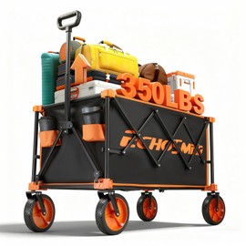 EchoSmile Collapsible Foldable Wagon Cart with 350lbs Weight Capacity, Heavy Duty Folding Utility Sport Wagon with Removeble Wheels for Camping,Grocery,Garden,Beach,Orange&Black