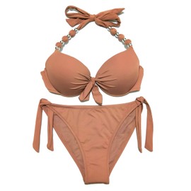 EONAR Bikini Sets Women’s Side Tied, Swimwear, Removable Push-up Pads, Bikini Top with Halterneck, khaki, xl