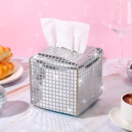 CroBlissful Disco Ball Tissue Box Cover Square Silver Sequin Tissues Cube Boxes Holder Glitter Decorative Tissues Cube Organizer for Bathroom Vanity Countertop Tabletop Night Stands Car Office