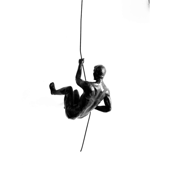1x Bronze Climber Left-Arm-Up Climbing Man with Wire Rope Wall