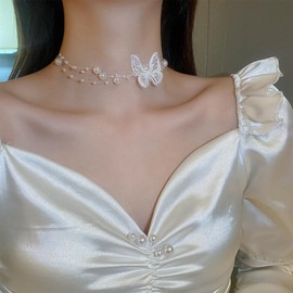 Pearl Butterfly Necklace for Women Pearl Choker Necklaces Butterfly Pendant Necklaces Bride Wedding Party Summer Necklace Prom Jewelry Gifts for Girls