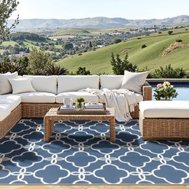 Ashler Outdoor Plastic Straw Rug Waterproof for Patio, Clearance Reversible Camping Mats, 8x10 Large Outdoor Area Rugs with Carrying Bag, for RV, Picnic, Backyard, Indoor, Dark Blue