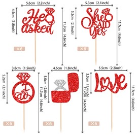 30 piezas de adornos para magdalenas con texto "He Asked She Said Y", anillos de diamantes, para decoración de cupcakes, decoración de bodas, fiestas, pasteles, suministros de decoración de pasteles, color rojo