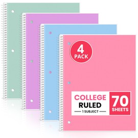 Taja Spiral Notebook College Ruled, 4 Pack, 1 Subject Notebooks (8" x 10-1/2"), 3-Hole Punched Paper, Assorted Pastel Colors Spiral Notebook for School & Office Supplies