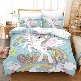 TSOPEFI Pink Unicorn Girls' Bedding Set, Cartoon Unicorn Pattern Children's Duvet Cover Set, Rainbow Clouds and Horses Unicorn Duvet Cover (135 x 200 cm, C)