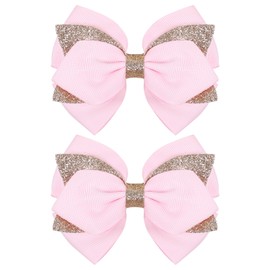 2pc Glitter Pink Ribbon Hair Bow Clips 4in Bowknot Alligator Barrettes for Toddler Teens Cheerleader Girls Birthday Wedding Party Decor Accessory Back School Valentines Gift