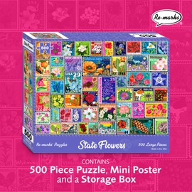 Re-marks State Flowers Stamp Collage Jigsaw Puzzle, 500 Large Piece Jigsaw Puzzle for All Ages