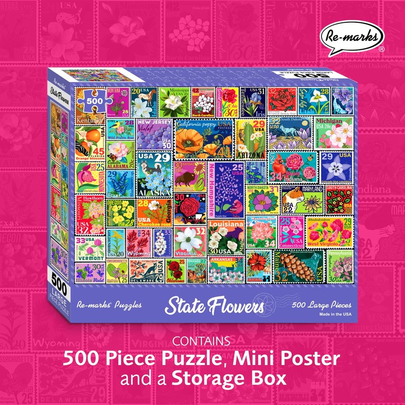 Re-marks State Flowers Stamp Collage Jigsaw Puzzle, 500 Large Piece