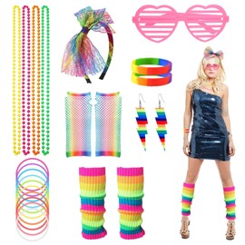 PEAKTOP Women's 80s Costume Accessory Set, 80s Outfit, Women's Costume Accessories, Neon, 80s Accessories, Includes Mesh Gloves, Headband, Leg Warmers, Necklace, Bracelet, Earring, Neno