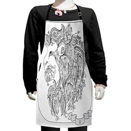 Ambesonne Zodiac Apron, Visage of Zodiac Sign Leo with Flowers on Hair The King of Forest Horoscope Theme, Small Apron Bib with Adjustable Ties for Baking Painting, Small Size, Black White