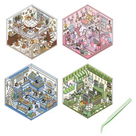 3D House Stickers - 4 Pcs DIY 3D House Stickers, 3D Fun Stickers, House Book Sticker of Supermarket/Coffee Shops/Pink House/Penguin Theme Scrap Book Stickers, Fun 3D Stickers for Adults Kids