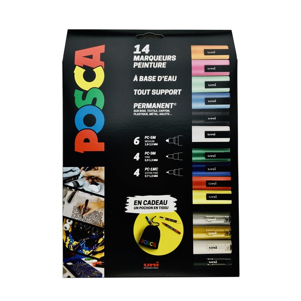POSCA - Uni Mitsubishi Pencil – Maxi Multi-Tip Pack – 14 Water-Based Paint Markers – Any Holder – Assorted Colours and Tips – Pouch Included