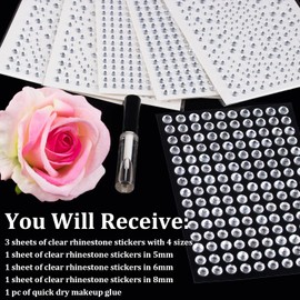 1769 Pcs of Rhinestone Stickers 3/4/5/6/8mm Clear Self Adhesive Face Gems, Stick on Body Crystal Jewels with Quick Dry Makeup Glue for Face Eye Hair Nails Make up and Craft DIY Decorations