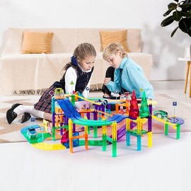 PicassoTiles Juego de 150 piezas de bloques de construcción de pistas de coches de carreras, juego de juguetes educativos de azulejos magnéticos, jueg