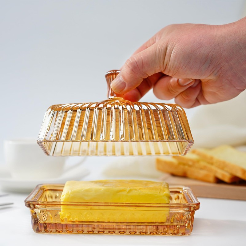 6'' Champagne Glass Butter Dish with Lid for Countertop Kitchen