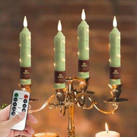 XINAOBAOLUO 6.5 inch Green Flameless Candle with String Light Window Candles with Remote Timer Battery Operated Taper Candle LED Taper Candles Set of 4