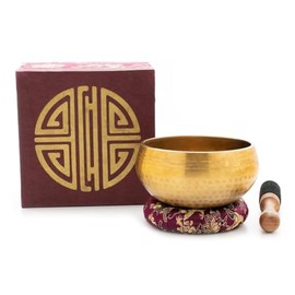 Klangschale in Antik-Optik mit dekorativer Brokat-Box mit Aufdruck: Detailreiche Klangschale in wunderschöner Box mit Brokat