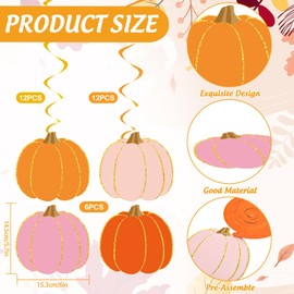 FYSUIMU 48 Pcs Fall Pumpkin Hanging Swirls Pink Orange Cute Pumpkin Ceiling Spiral Streamer Autumn Thanksgiving Ornaments for Home Party Wall Decoration Supplies