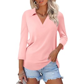 TICTICMISS Womens V Neck Polo Shirts 3/4 Sleeve Collared Tops Business Casual Summer Tops Trendy Loose