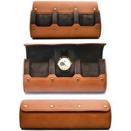 Watch Travel Case for Men – Leather Watch Roll Case Organizer – 3 Watches - Brown Full Grain Cow Leather