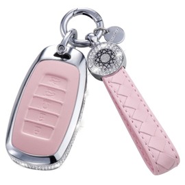 RUABIBAN for Hyundai Key Fob Cover with Keychain, Pink Leather Key Case Protection Shell Fit for 2022 2021 2020 Hyundai Sonata Santa fe Tucson (5 Buttons)